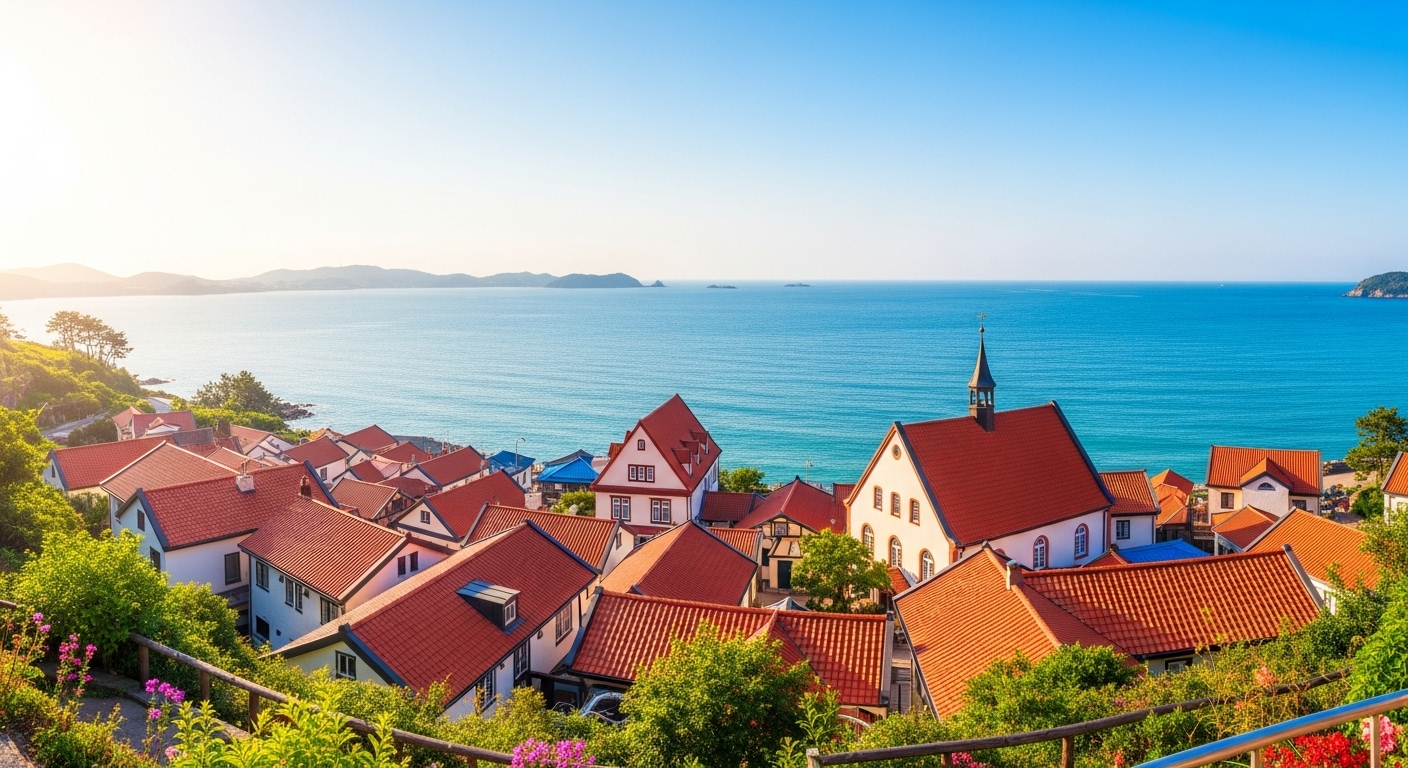 The exotic scenery of Namhae German Village with its red roofs and blue sea.