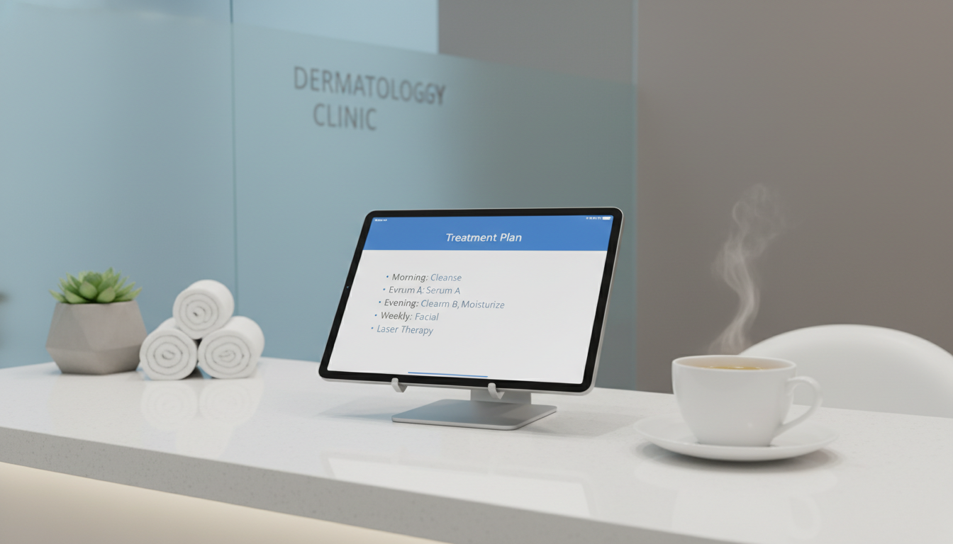 피부과 상담실의 깔끔한 테이블 위 태블릿 일정표와 찻잔