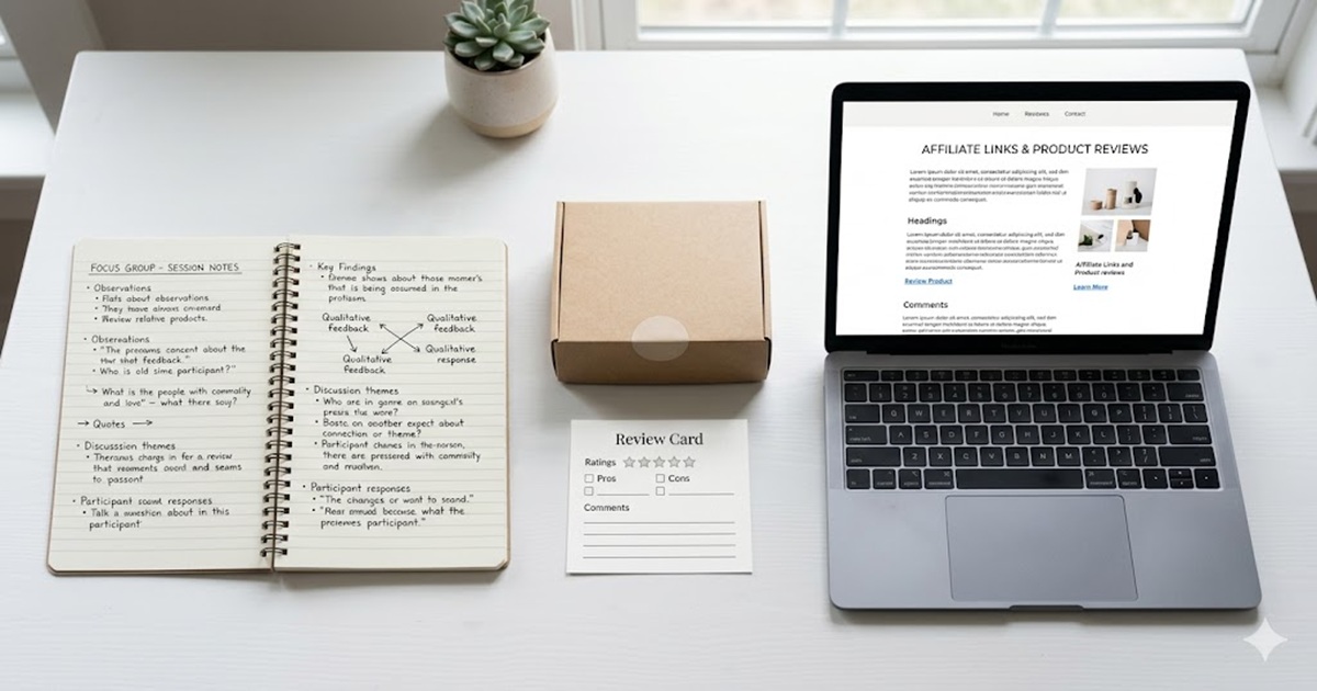 좌담회 알바, 제품 체험단, 쿠팡 파트너스 세 가지 부업을 상징하는 노트, 상품 샘플, 블로그 화면이 책상 위에 나란히 놓인 모습