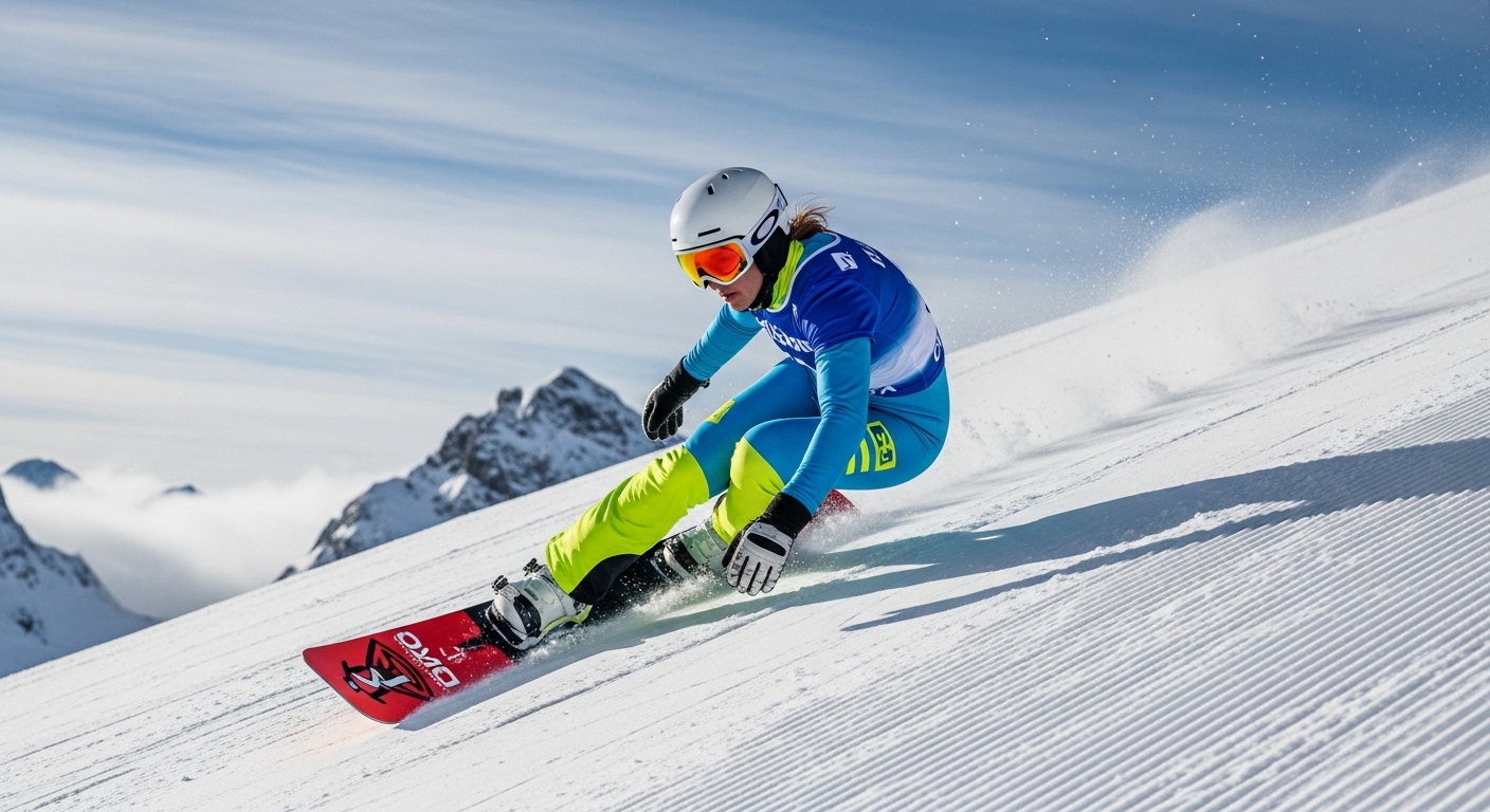 낮은 자세로 슬로프를 깎아 내려가는 알파인 스노보드 유망주의 훈련 모습 예시