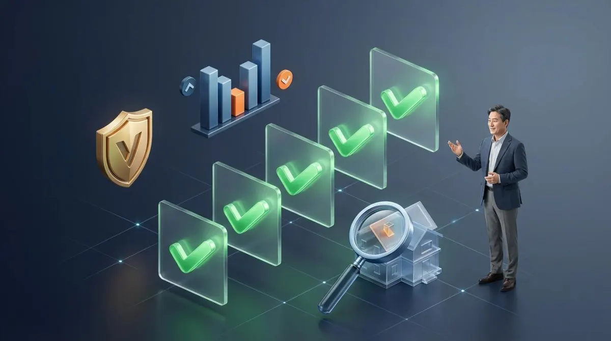 공시가격 이의신청 성공을 위한 5가지 체크리스트를 시각화한 3D 인포그래픽 이미지. 대형 체크표시와 자산 보호를 상징하는 방패 아이콘이 보이고, 옆에서 중년 남성이 만족스러운 표정으로 이를 확인하고 있다.