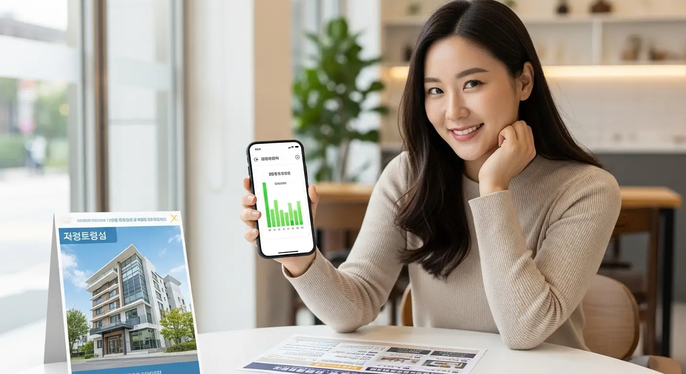 스마트폰 신용조회 앱에서 높은 신용점수(820점)를 확인하고 만족하는 한국인