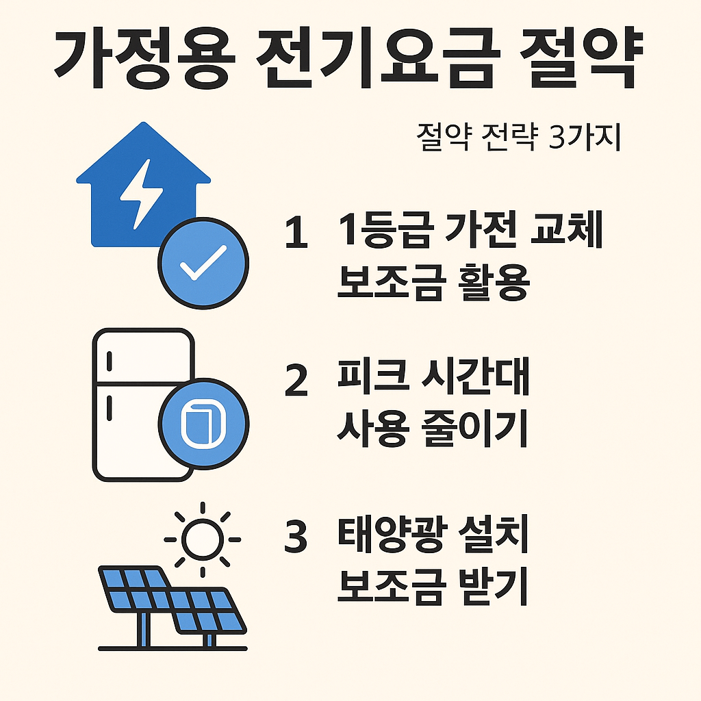 가정용 전기요금 절약 방법 인포그래픽 - 에너지 효율, 피크 절전, 태양광 활용