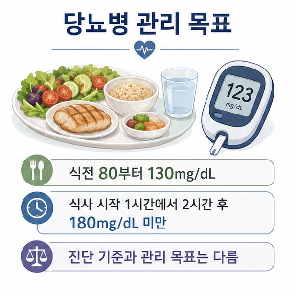당뇨병 환자의 일반적인 관리 목표인 식전 80부터 130mg/dL와 식사 시작 후 1시간에서 2시간 180mg/dL 미만을 보여 주는 그림