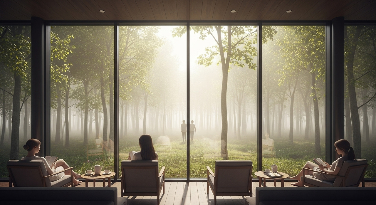 숲속에 자리 잡은 현대적인 숲속 호텔의 전경