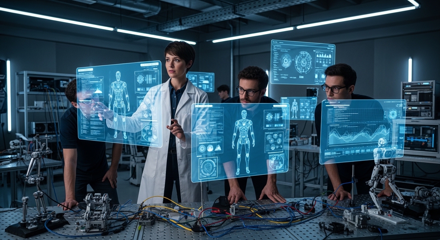 Researchers in a futuristic lab analyzing AI data and robot blueprints displayed on transparent screens.