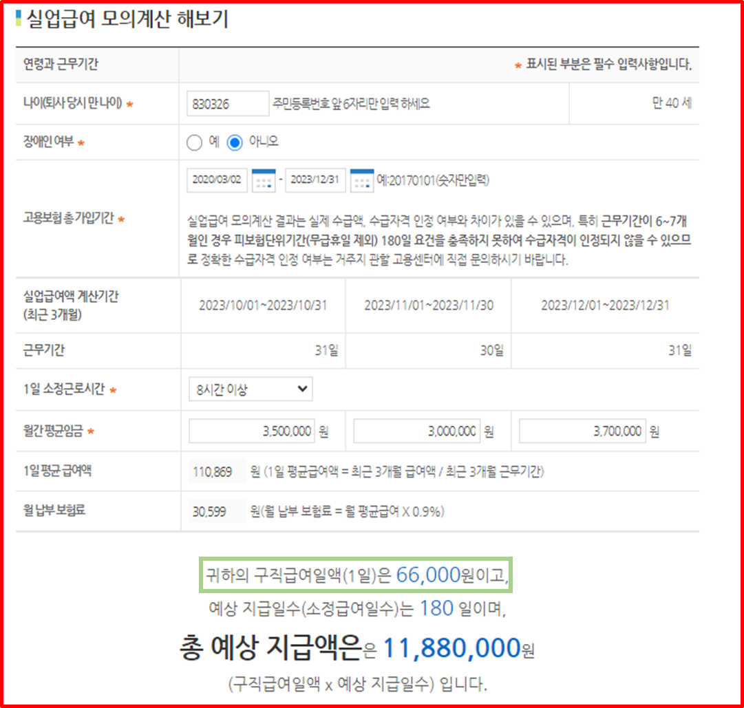 만 40세, 고용보험 3년이상 5년 미만, 평균월급 340만원이면 실업급여일액은 상한 금액으로 계산됌