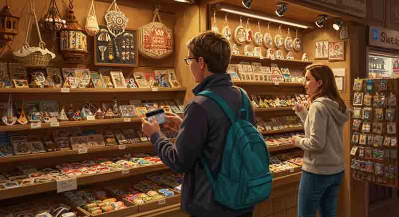 기념품 상점에서 물건을 고르고 있는 장면