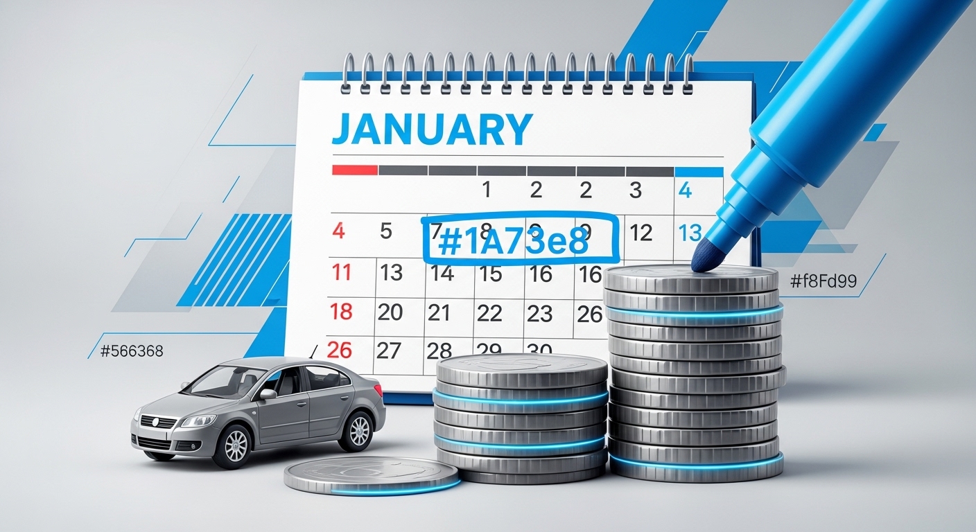 2025년 1월 달력과 자동차 모형, 그리고 절약된 돈을 상징하는 동전 더미가 있는 이미지. 자동차세 연납 할인을 시각적으로 표현합니다.