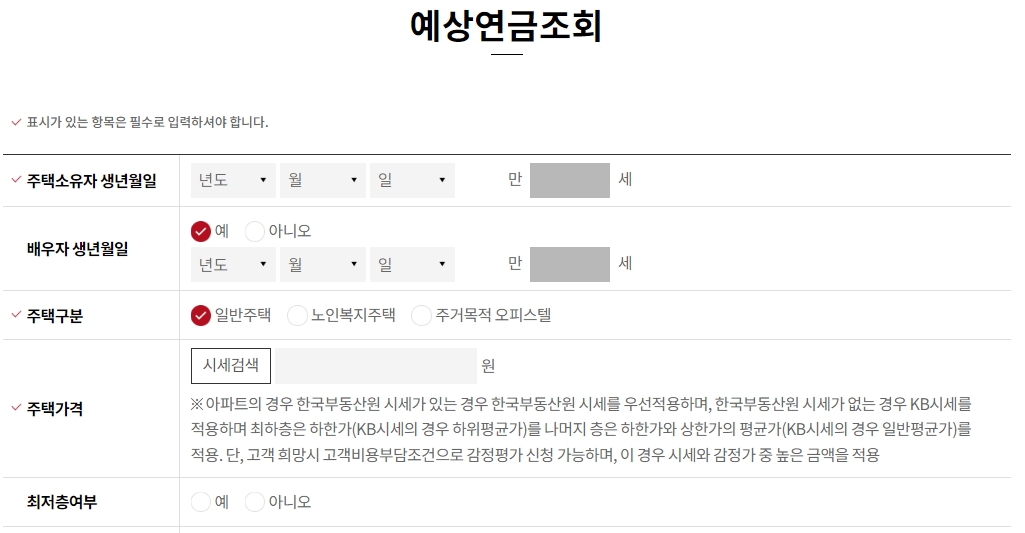 생년월일, 주택 가격 등 개인 정보를 입력하는 모습