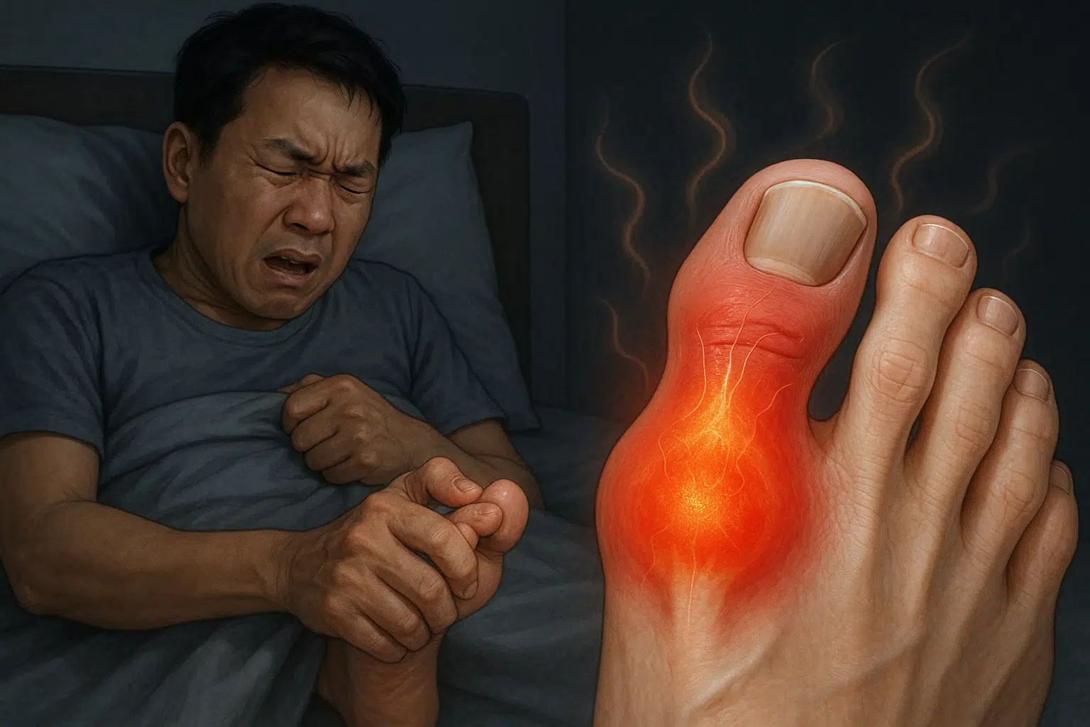 새벽에 잠자는 남성이 발가락 통증으로 깨어 고통스러워하는 장면, 붉게 부은 엄지발가락