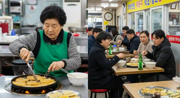 시장 작은 식당에서 할머니가 프라이팬에 녹두 콩가루 부침개를 만들고 있는 모습.