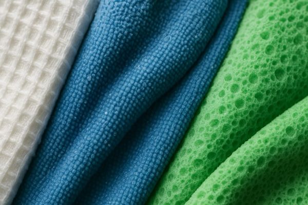 면, 극세사, 셀룰로스 소재의 다양한 행주들의 질감과 흡수력을 강조한 클로즈업