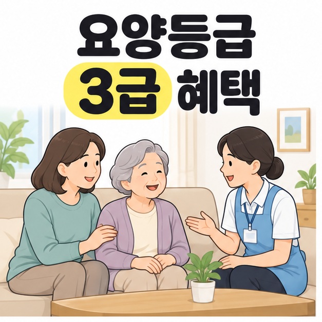 요양등급 3급 혜택 제목 아래 집 거실에서 어르신과 가족이 방문한 돌봄 종사자와 대화하는 장면