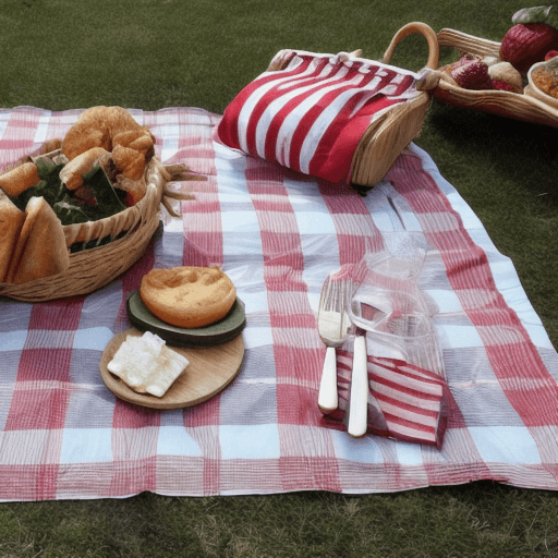 피크닉 돗자리와 그위에 올려진 피크닉 음식들