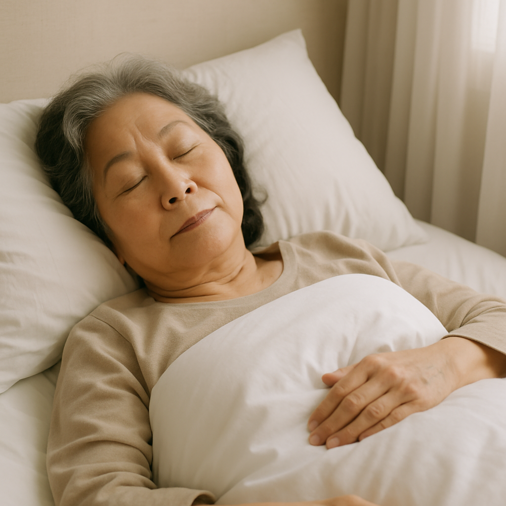 침대에 누워 잠이 들어 있는 여성 노인의 모습