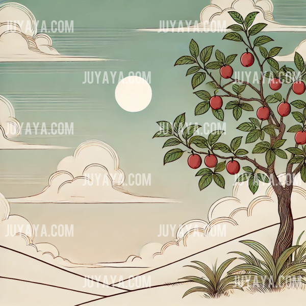 푸른 잎과 탐스러운 붉은 자두가 열려 있는 자두 나무와 뒤쪽에 보이는 구름과 언덕 풍경.