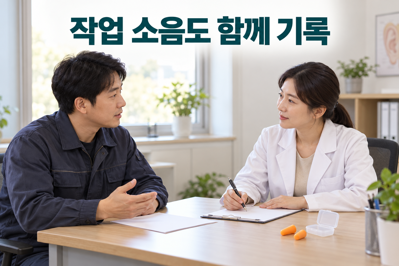 상담실에서 작업 소음과 청취 기록을 함께 확인하는 성인들