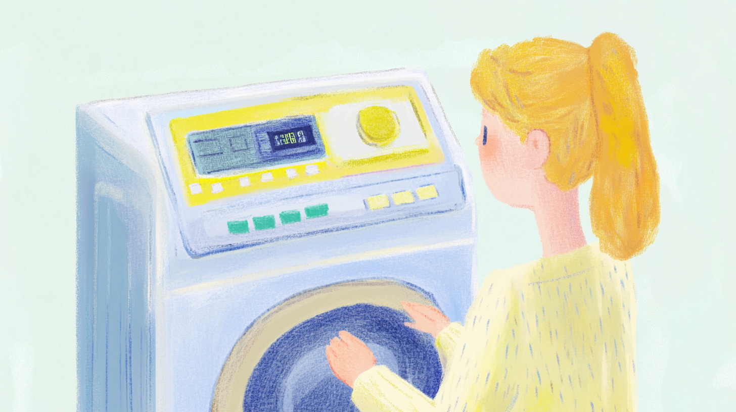 삼성의 AI 기반 세탁 프로그램을 보여주는 일러스트로, 다양한 세탁 모드와 사용자 맞춤 설정이 디지털 인터페이스로 표현되어 있습니다.