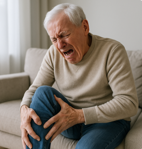 다리에 쥐가 나서 소파에 앉아 무릎을 움켜쥔 채 고통을 호소하는 노인의 모습