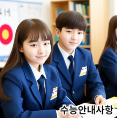 교복을 입은 여학생 남학생이 나란히 교실에 앉아있다. 아래 수능안내사항이라는 글자가 있다.