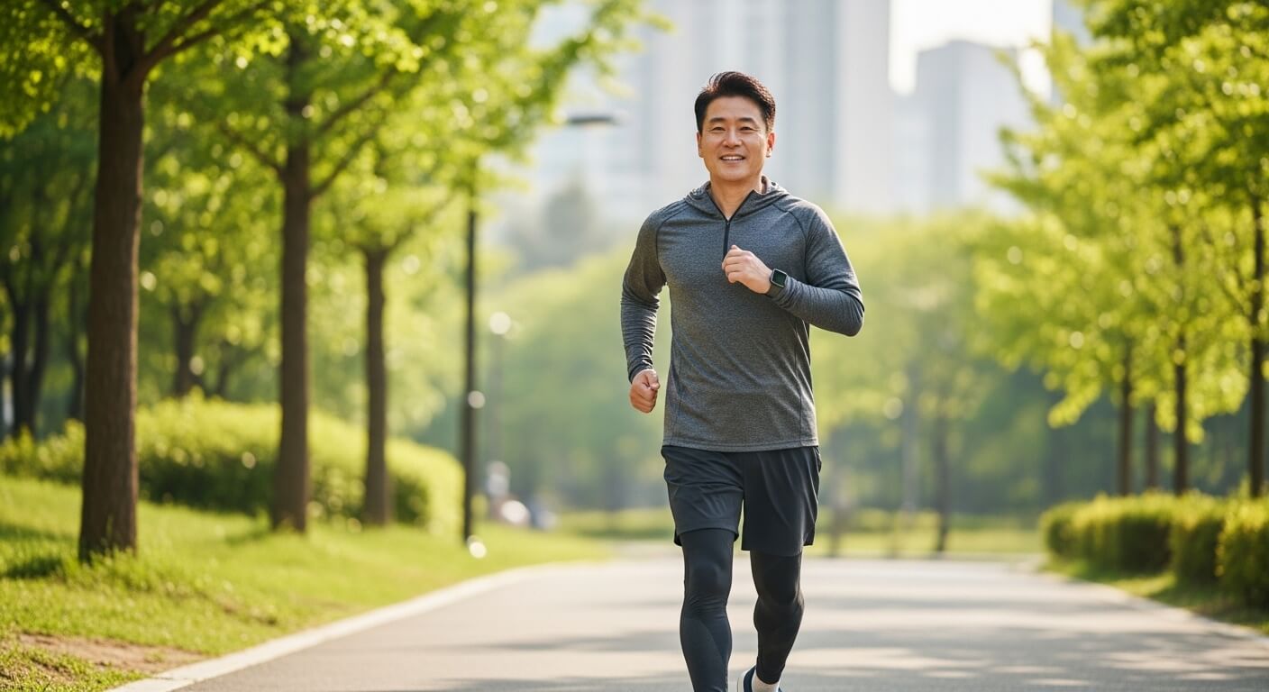 공원에서 가볍게 조깅하며 당뇨 합병증 예방을 위한 유산소 운동을 실천하는 중년 남성