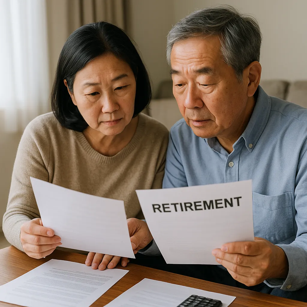노부부가 연금 서류를 함께 검토하는 모습