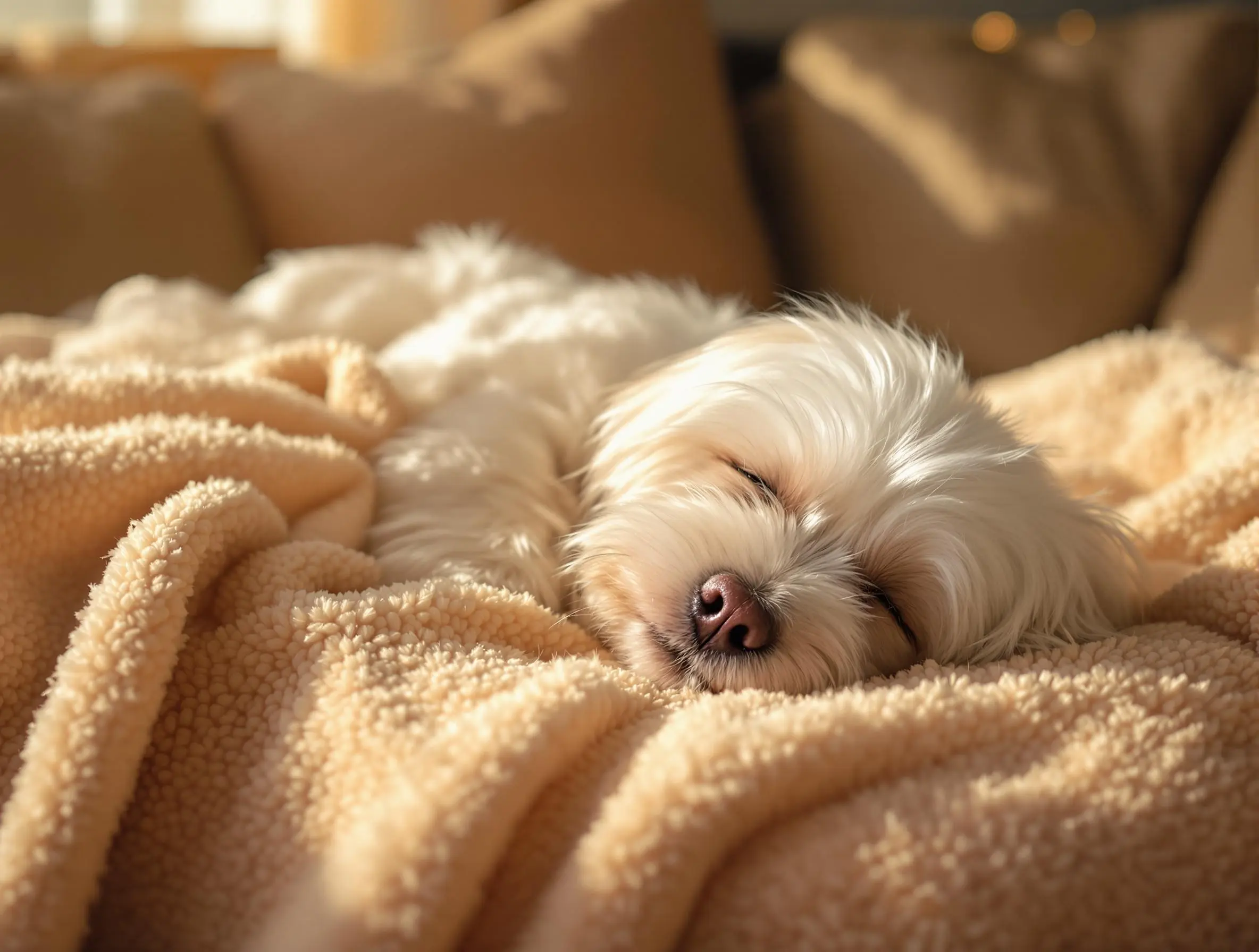 포근한 담요 위에서 평온하게 잠든 말티즈 강아지
