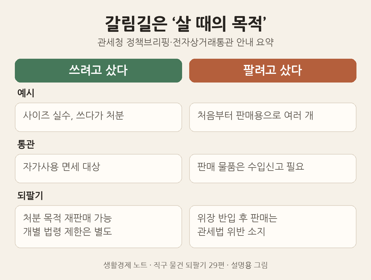 설명용 그림: 쓰려고 산 물건은 자가사용 면세 대상이고 처분 목적 재판매가 가능하지만, 팔려고 산 물건은 수입신고가 필요하며 위장 반입 후 판매는 관세법 위반 소지가 있다