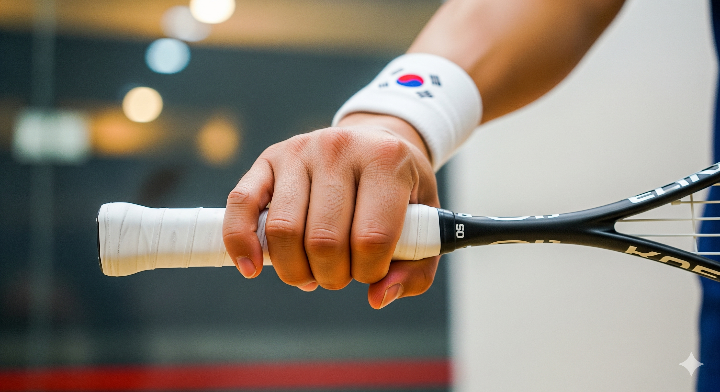 스쿼시 라켓을 잡고 있는 선수 손