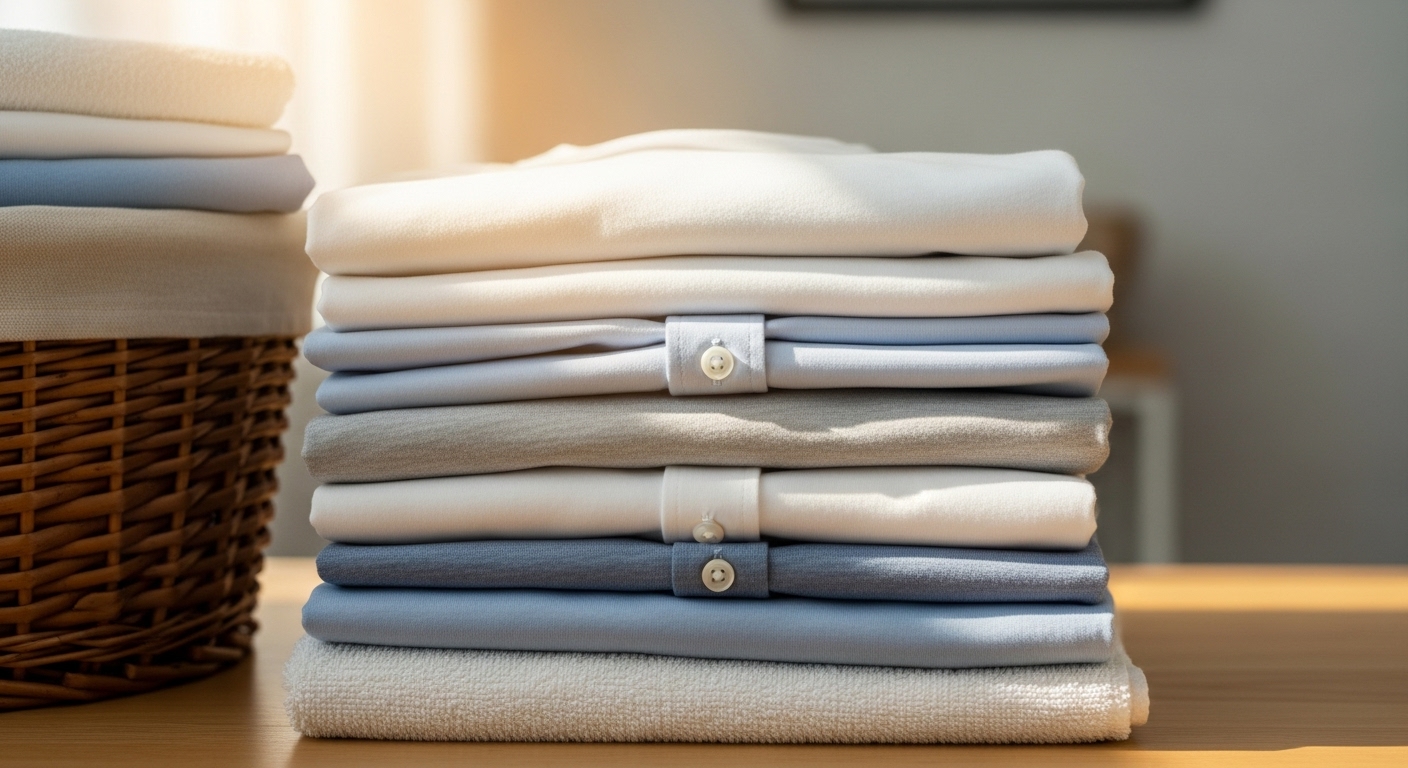 깔끔하게 세탁되어 잘 개어진 옷들이 햇살 아래 놓여 있어 상쾌하고 깨끗한 느낌을 주는 모습