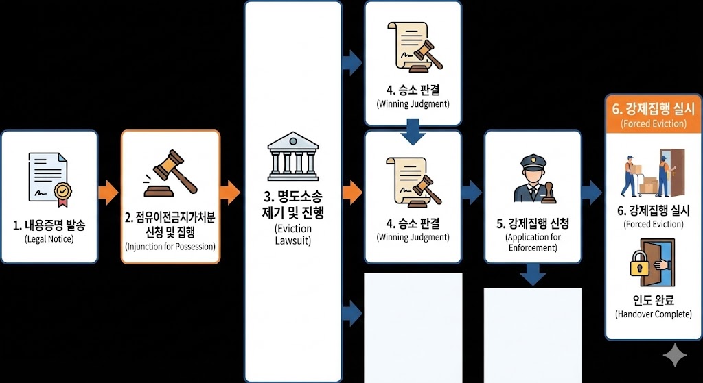 명도소송 전체 절차를 한눈에 보여주는 다이어그램, 내용증명부터 강제집행까지 이어지는 흐름 설명 이미지