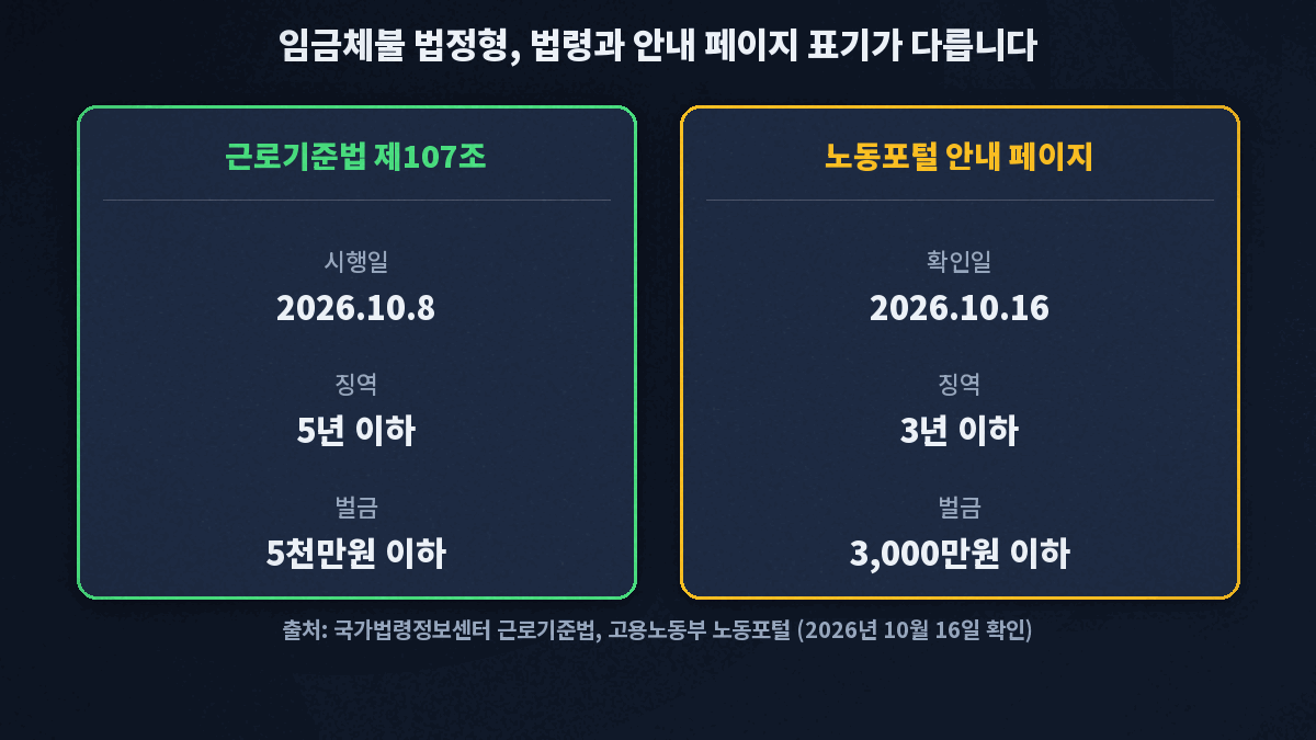 근로기준법 제107조는 2026년 10월 8일 시행으로 5년 이하 징역 또는 5천만원 이하 벌금, 노동포털 안내 페이지는 2026년 10월 16일 확인 시점에 3년 이하 징역 또는 3,000만원 이하 벌금으로 적고 있다는 점을 나란히 보인 카드