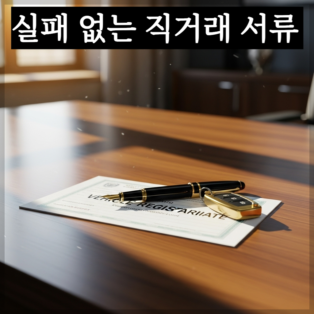 깨끗한 원목 테이블 위에 자동차 등록증, 세련된 만년필, 그리고 황금빛 자동차 열쇠가 정갈하게 놓여 있는 모습. 따스한 오후 햇살이 서류 위로 내리쬐며 신뢰감 있고 평온한 분위기를 자아내는 고화질 사진