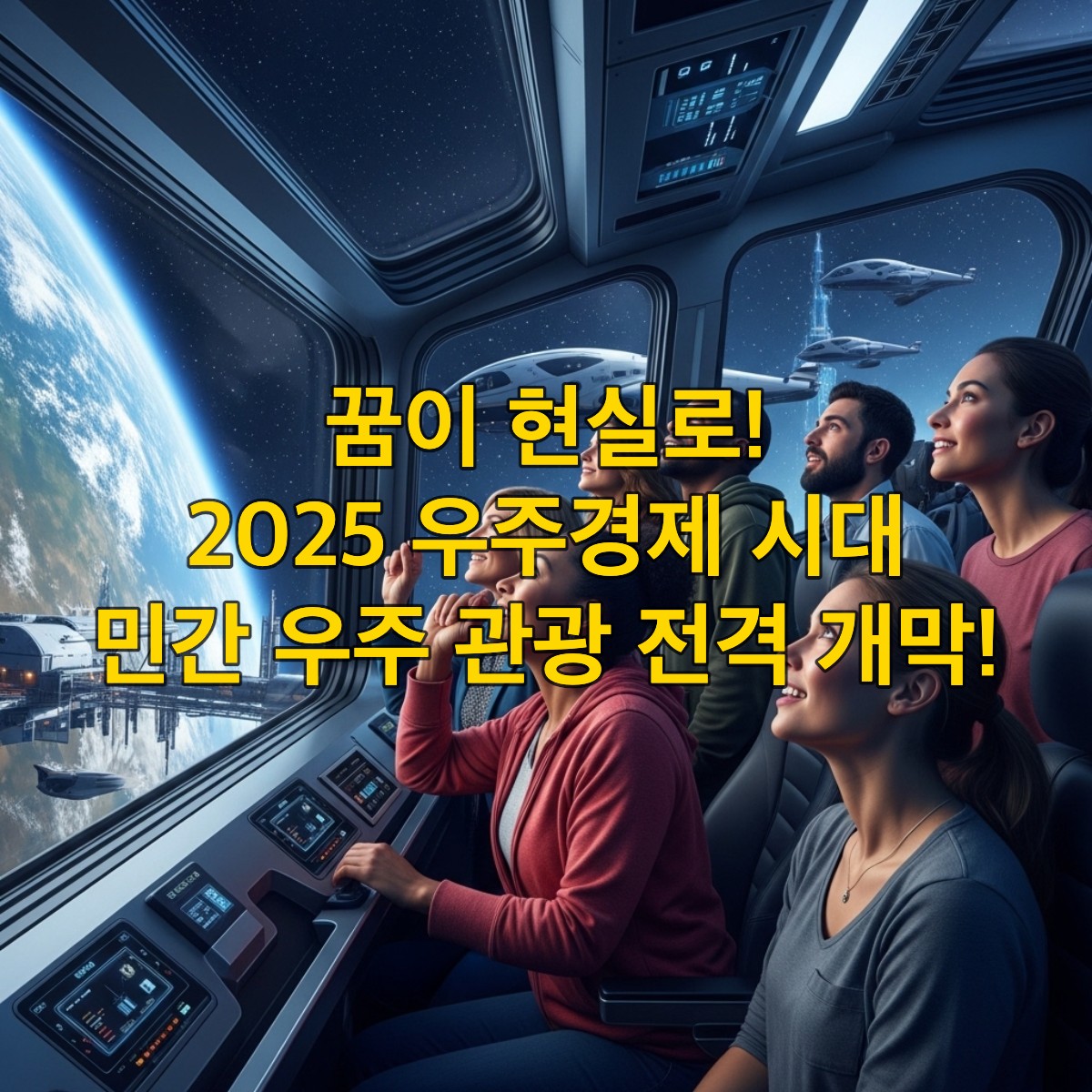 푸른 지구를 배경으로 한 우주선 안에서 경이롭게 우주를 바라보는 다양한 국적의 사람들, 2025년 민간 우주 관광 시대의 개막을 상징