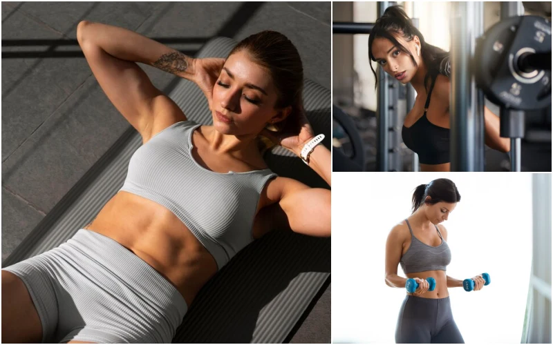 여성이 운동 기구를 이용하여 다양한 웨이트 트레이닝을 하고 있는 모습