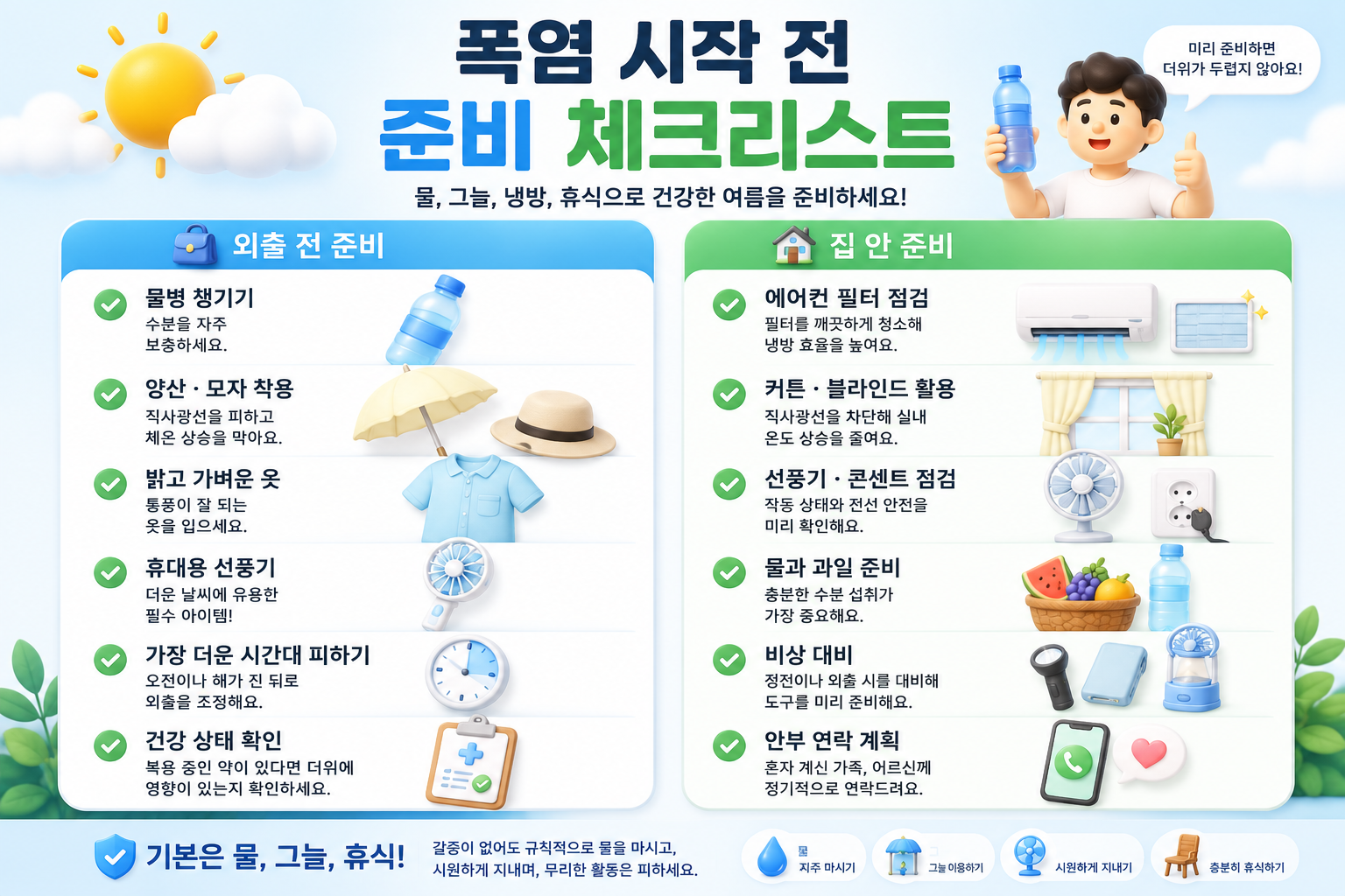 폭염 시작 전 준비해야 할 물병 양산 선풍기 체크리스트