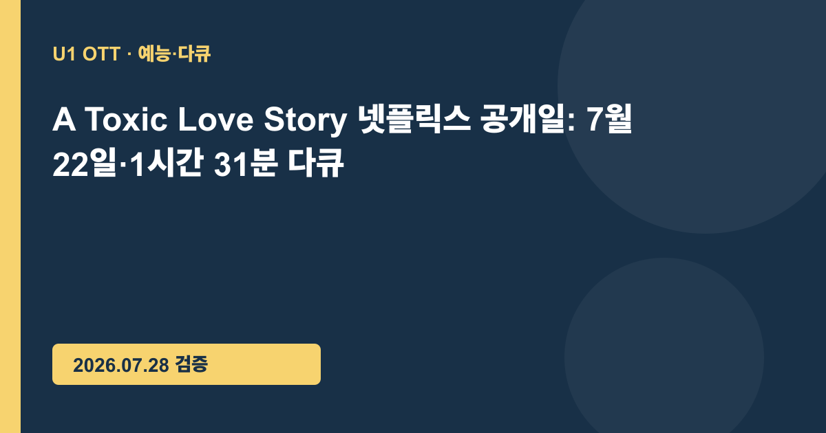 A Toxic Love Story 넷플릭스 공개일: 7월 22일&middot;1시간 31분 다큐 핵심 정보를 정리한 U1 OTT 원본 카드