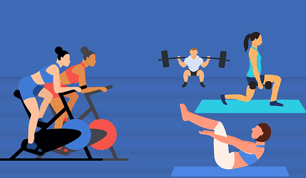 5명의 사람들이 운동을 하고 있다. 여자 2명은 자전거를 타고, 1명은 윗몸일으키기, 2명은 아령과 덤벨을 들고있다.