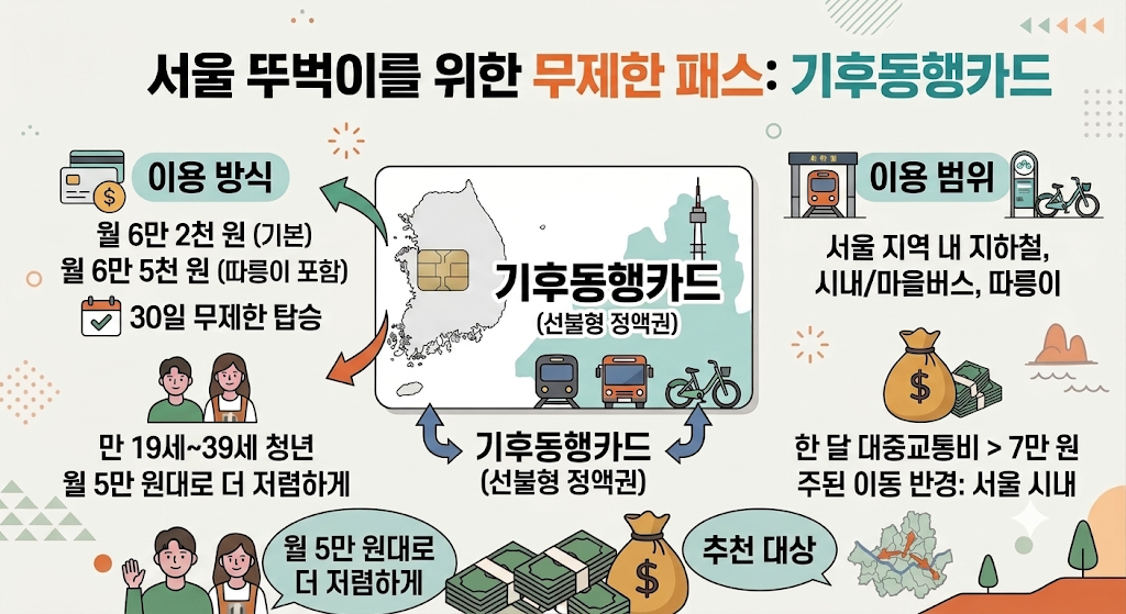 서울 시내 지하철, 버스, 따릉이를 월 6만 원대로 30일간 무제한 이용하는 '기후동행카드' 안내 인포그래픽입니다.
청년(만 19~39세)은 월 5만 원대로 더 저렴하게 이용 가능하며, 한 달 교통비가 7만 원 이상인 서울 뚜벅이에게 추천합니다.