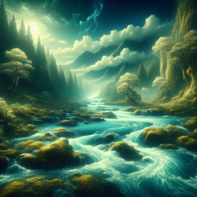 자연의 흐름을 그린 풍경. 물이 흐르고 산과 숲이 어우러진 장면.