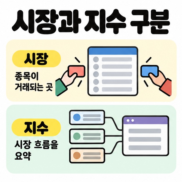 종목 목록 양옆에서 거래하는 손으로 시장을 표현하고 여러 종목 카드가 요약 화면으로 연결되는 모습으로 지수를 설명한 그림