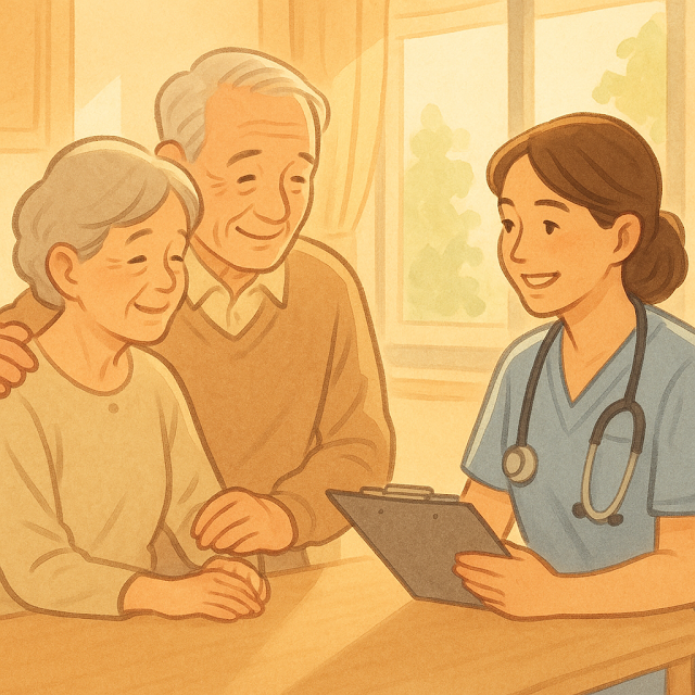 주간보호센터에서 건강 상담을 받는 노부부 햇살이 따뜻하게 비추는 창가 옆 테이블 의료진과 눈을 마주치며 신뢰를 나누는 따뜻한 순간