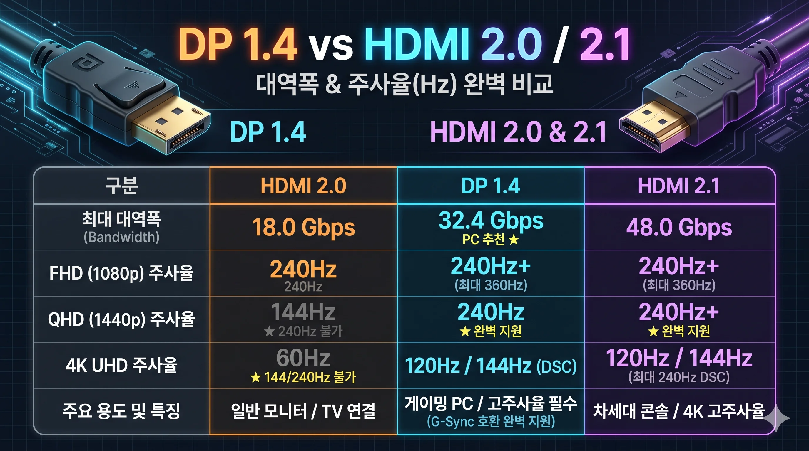 DP 케이블 버전 1.4 및 HDMI 2.0 2.1 대역폭 주사율 지원 비교 화면