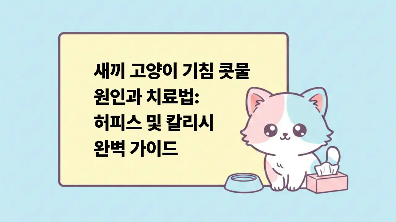 새끼 고양이의 기침과 콧물 원인, 허피스 및 칼리시 바이러스 치료법을 설명하는 귀여운 일러스트 이미지.