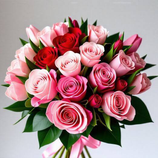 12송이 빨간 장미와 함께 핑크 튤립