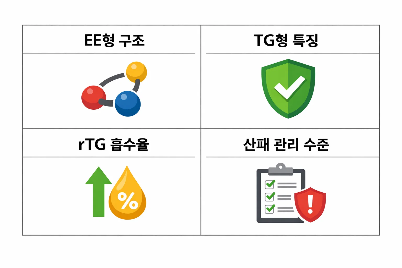 암웨이 오메가3 효능 차이는 EE형&middot;TG형&middot;rTG형 구조에 따른 흡수율과 산패 안정성 차이에서 발생함을 정리한 이미지