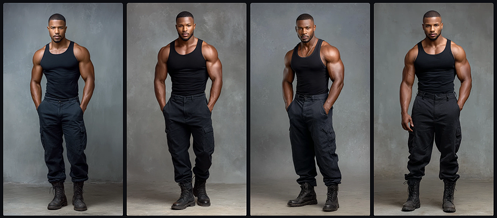 인물 모델, 근육질의 탄탄한 체형과 자신감 있는 포즈를 강조한 30대 흑인 남성 모델의 전신 이미지_Midjourney