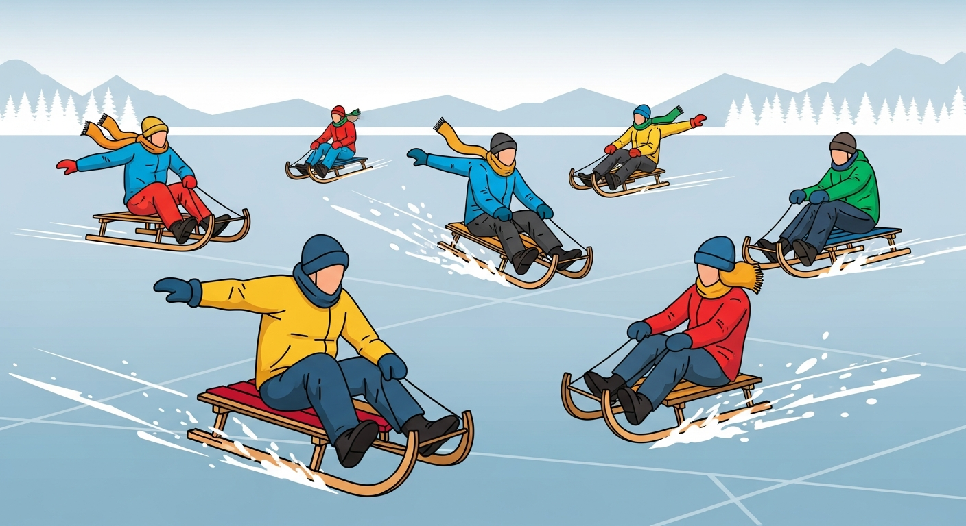 얼음 썰매를 타며 즐거워하는 방문객들