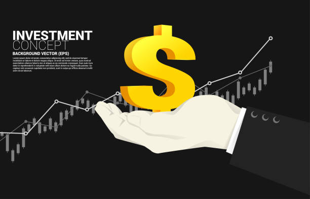 검은색 배경 위에 황금색 달러($) 기호가 손 위에 올려져 있고, 그 뒤로 흰색 선 그래프(주가 차트)가 우상향하는 형태로 그려진 금융/투자 컨셉 이미지